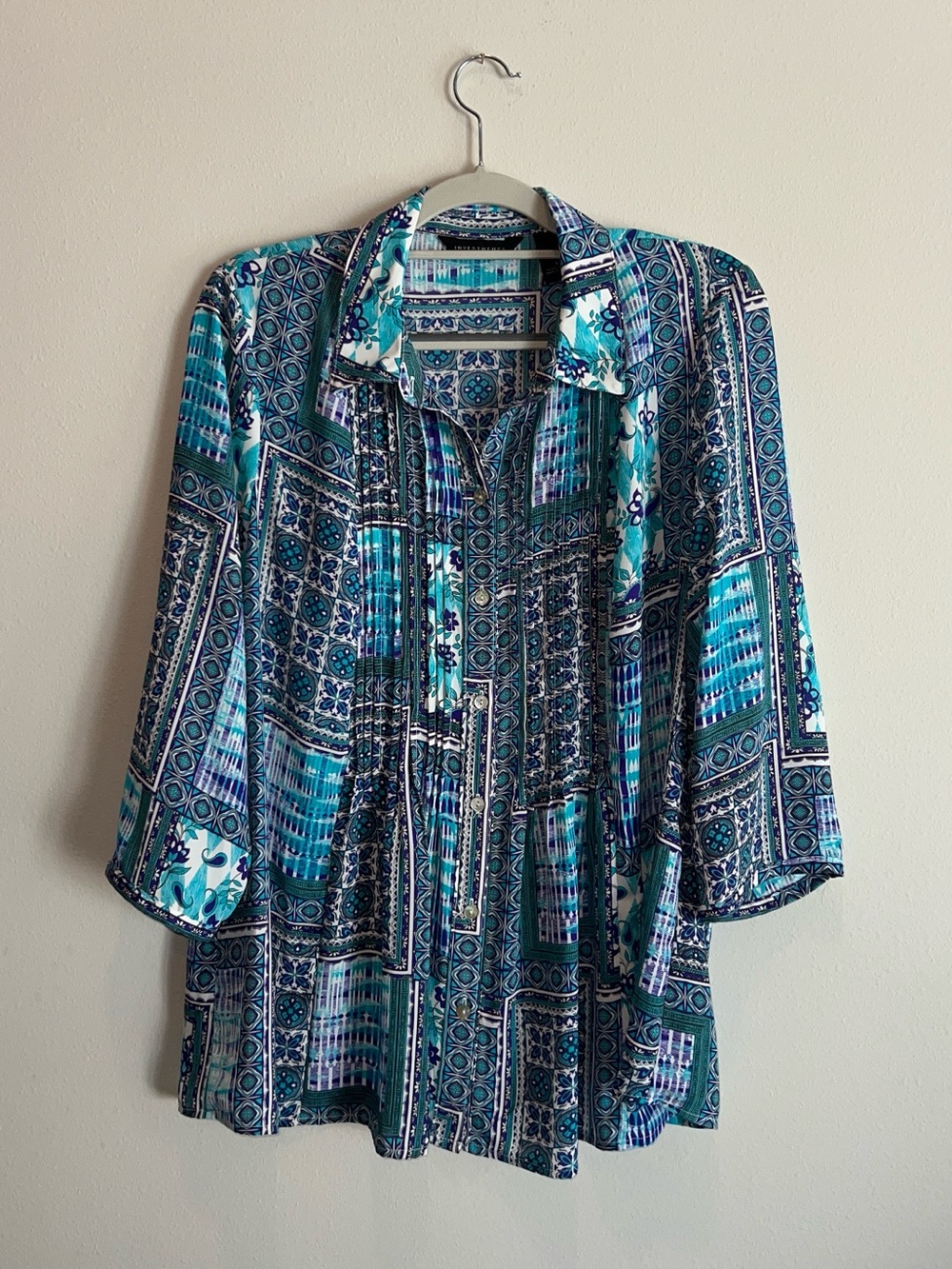 Investments Women's Patchwork Print Pintuck Button Down 3/4 Sleeve Top Large